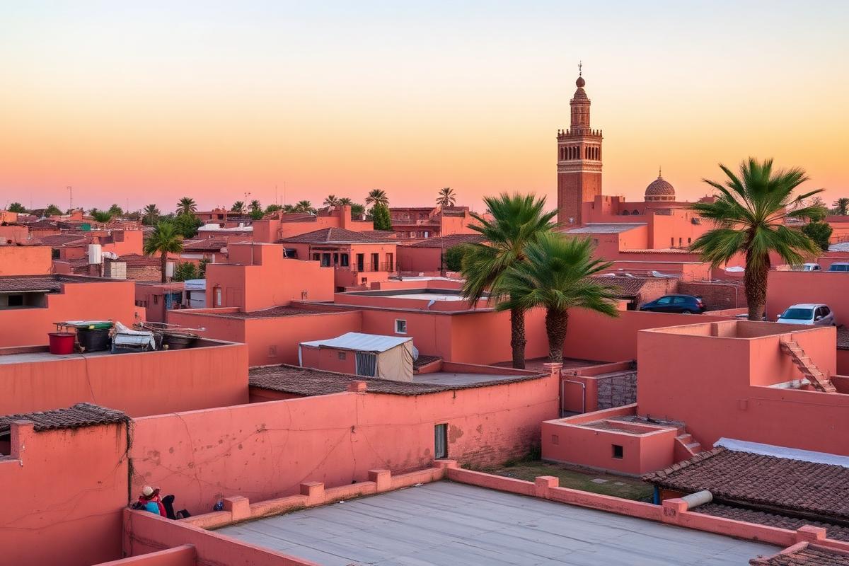 Toits de la médina de Marrakech et minaret de la Koutoubia