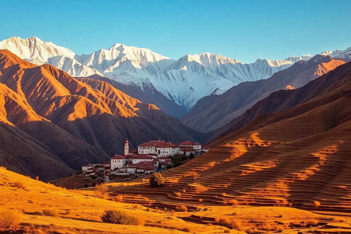 Village berbère au pied des sommets enneigés de l'Atlas